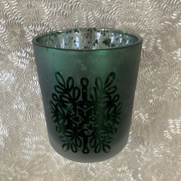 Glass Candle Holder Votive Tealight Christmas Holiday Snowflake Green Silver Joy - Picture 4 of 13